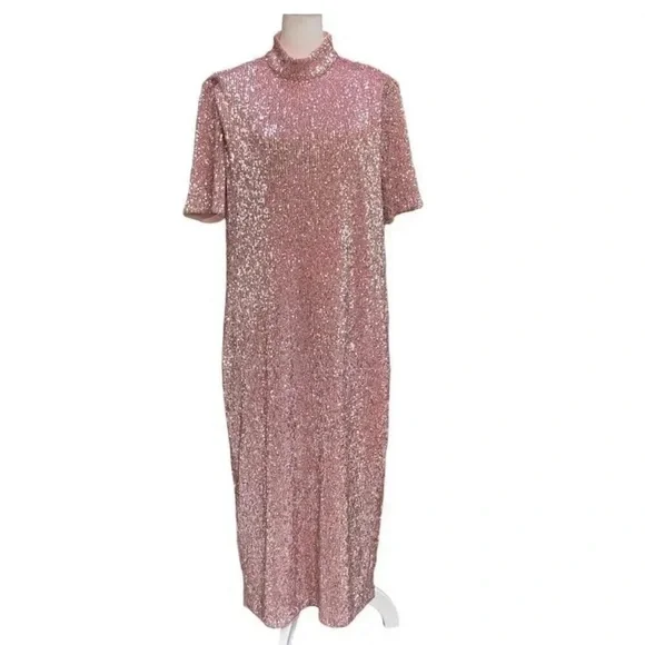 NWT Vineyard Vines Rose Gold Pink Sequin Midi Stretch Sparkle Dress - Picture 7 of 8